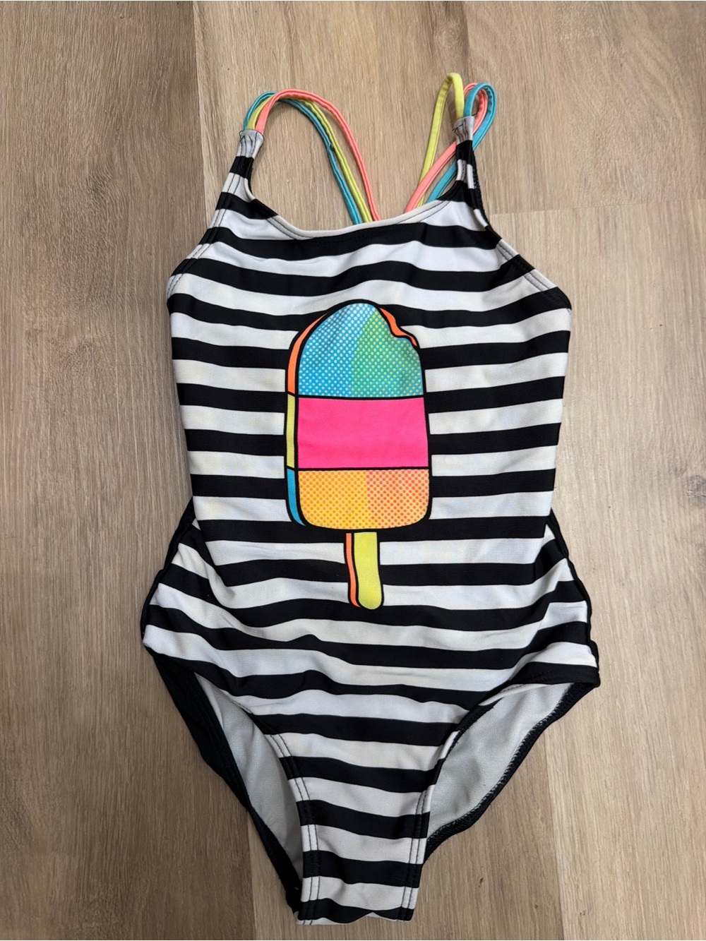Kids Black & White Striped One-Piece Swimsuit with Colorful Popsicle Graphic 6x